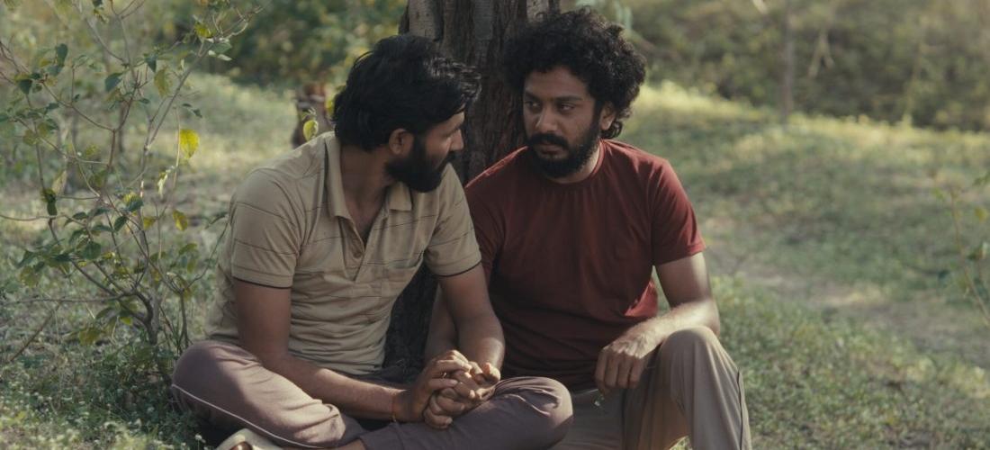 Two people sit on the ground outdoors, leaning against a tree and holding hands. The natural setting features grass and sparse vegetation, creating a quiet moment of connection.