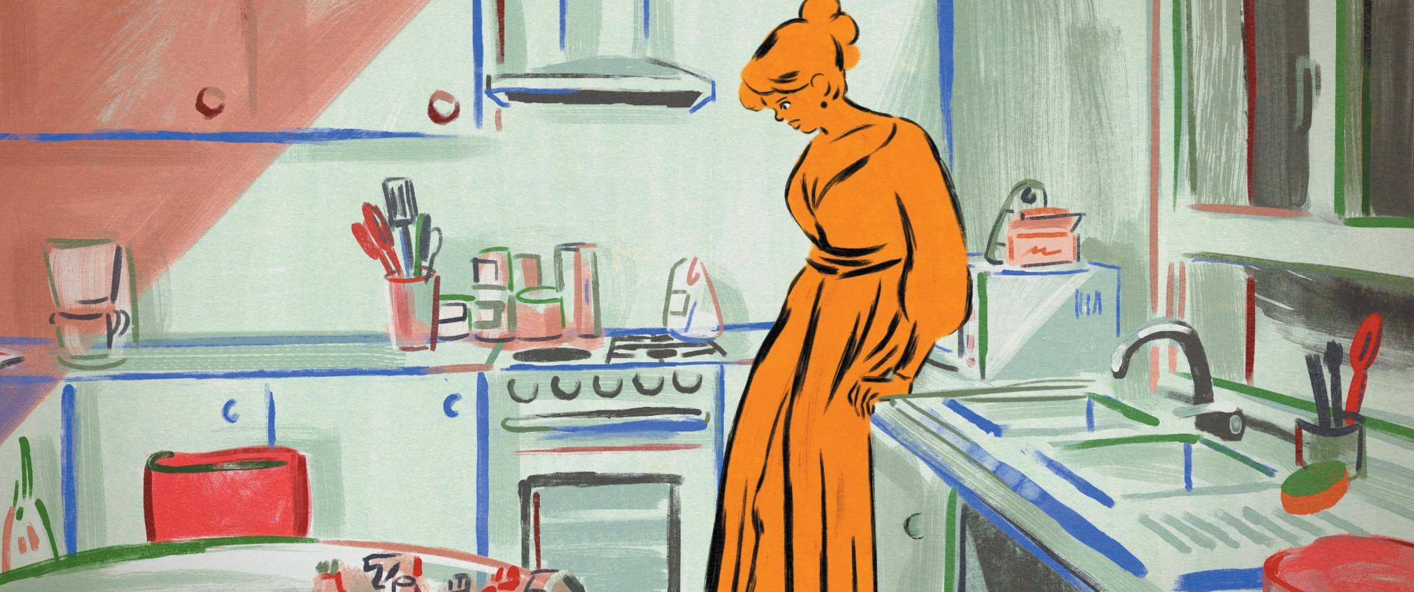 An illustrated figure in an orange dress stands in a kitchen, leaning against a counter. The kitchen features a stove, sink, and various utensils with soft pastel colors and bold outlines.