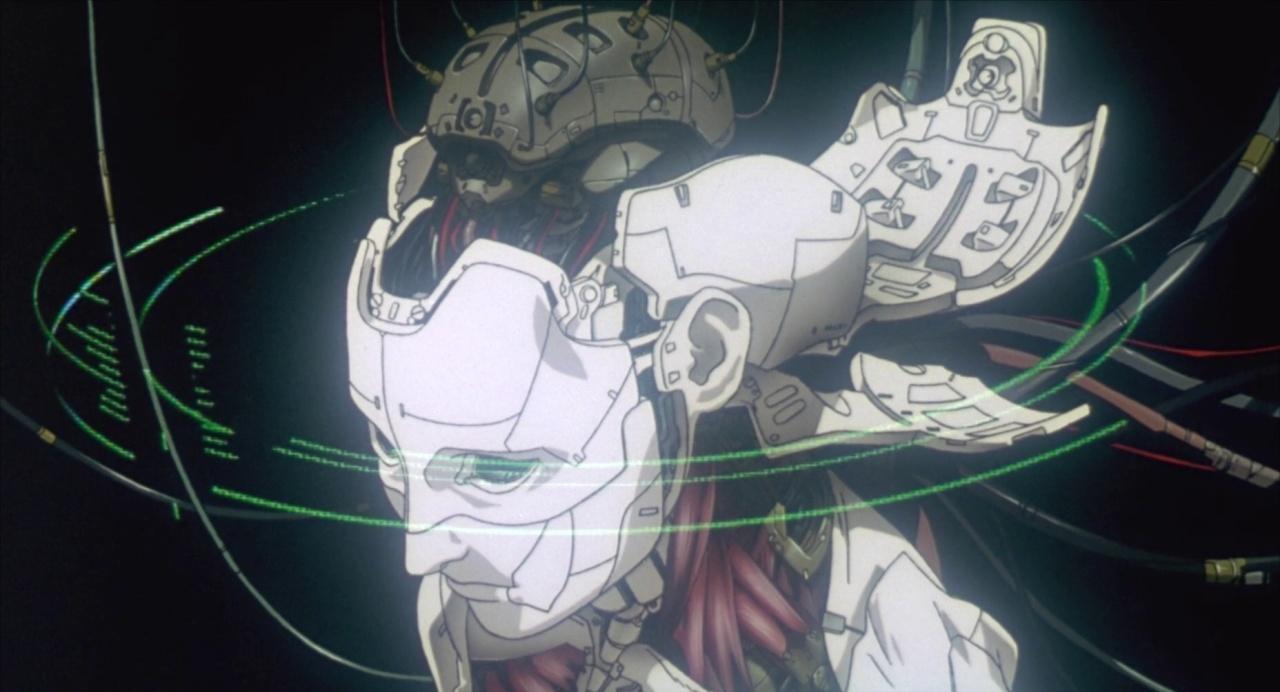 A humanoid figure undergoes a cybernetic transformation, revealing mechanical components beneath its outer shell. Green digital lines and data streams surround the figure, evoking a high-tech, futuristic environment.