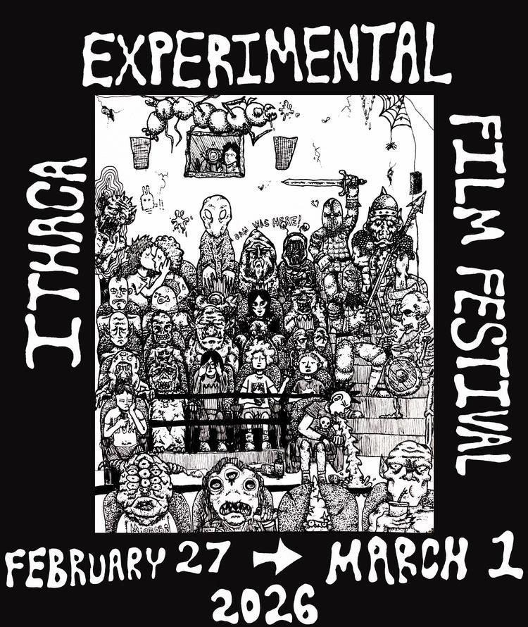 A black-and-white illustrated poster for the Ithaca Experimental Film Festival shows a surreal theater audience filled with fantastical creatures, aliens, and humanoid figures. A film projector operated by a creature beams above them.