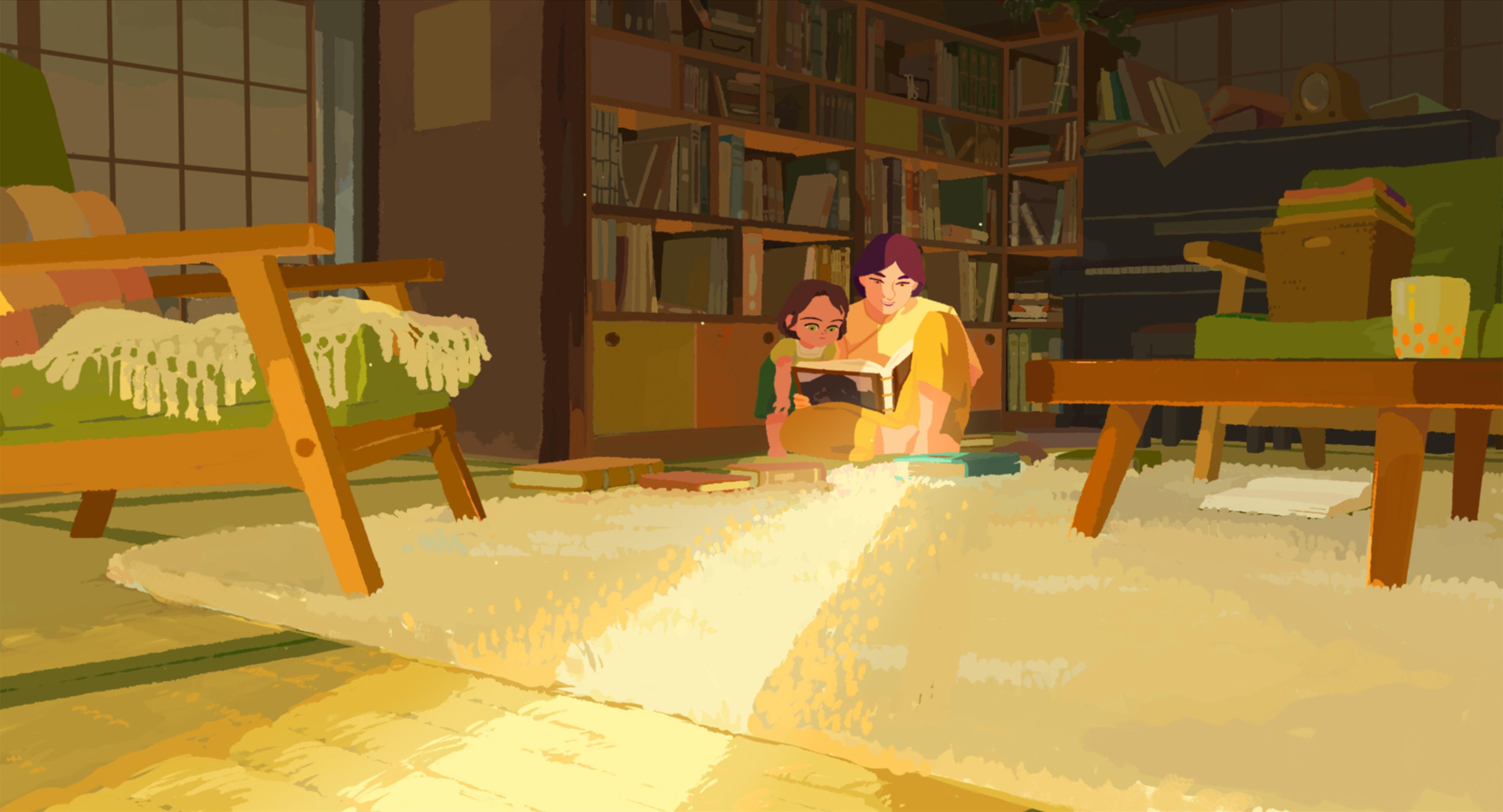 A stylized animated scene shows two people sitting on a sunlit rug, reading together in a cozy room. Surrounding them are books, a piano, green cushioned chairs, and a large bookshelf. Warm sunlight streams through a window, creating a peaceful atmosphere
