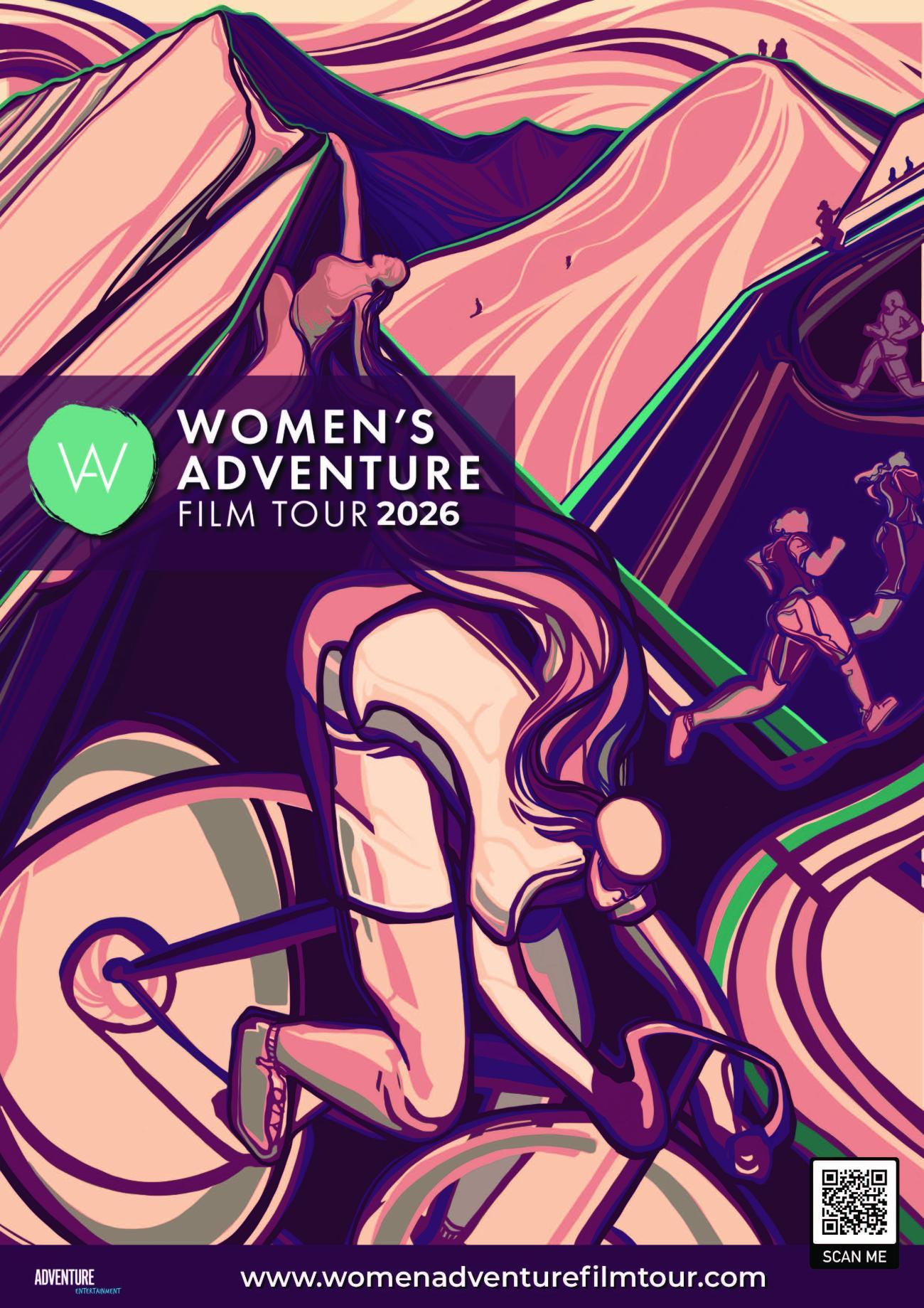 A promotional poster for the Women's Adventure Film Tour 2026 features an artistic graphic of women bicycling, climbing, and running across various terrains. 