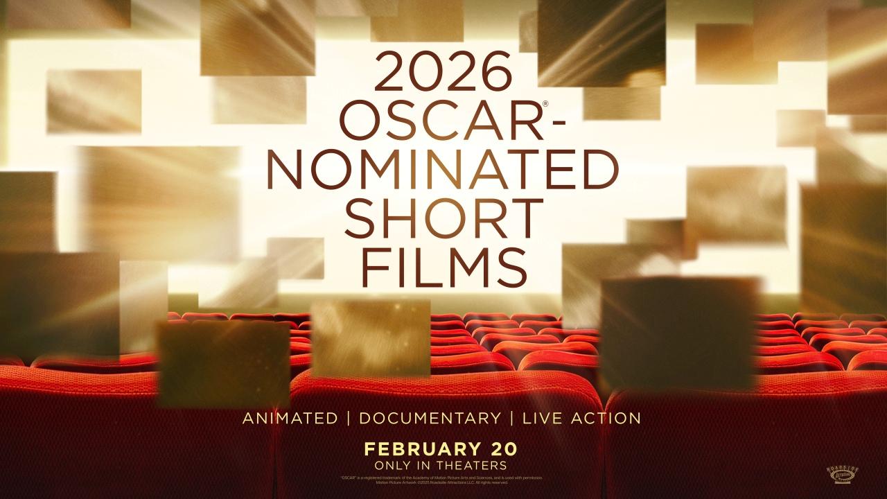 A poster with text 2026 Oscar-Nominated Short Films set above red seats that look like inside of a movie theatre. 