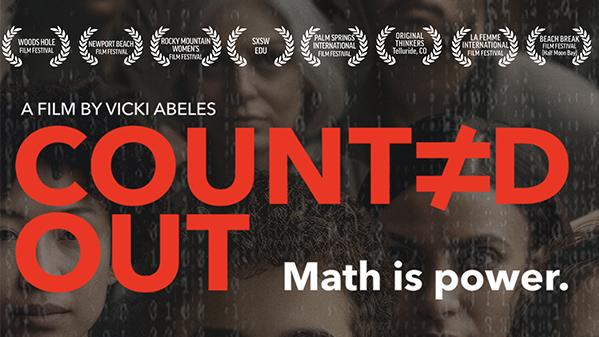 A grid of people's faces overlaid with orange text "Counted Out" and white text "Math is power."