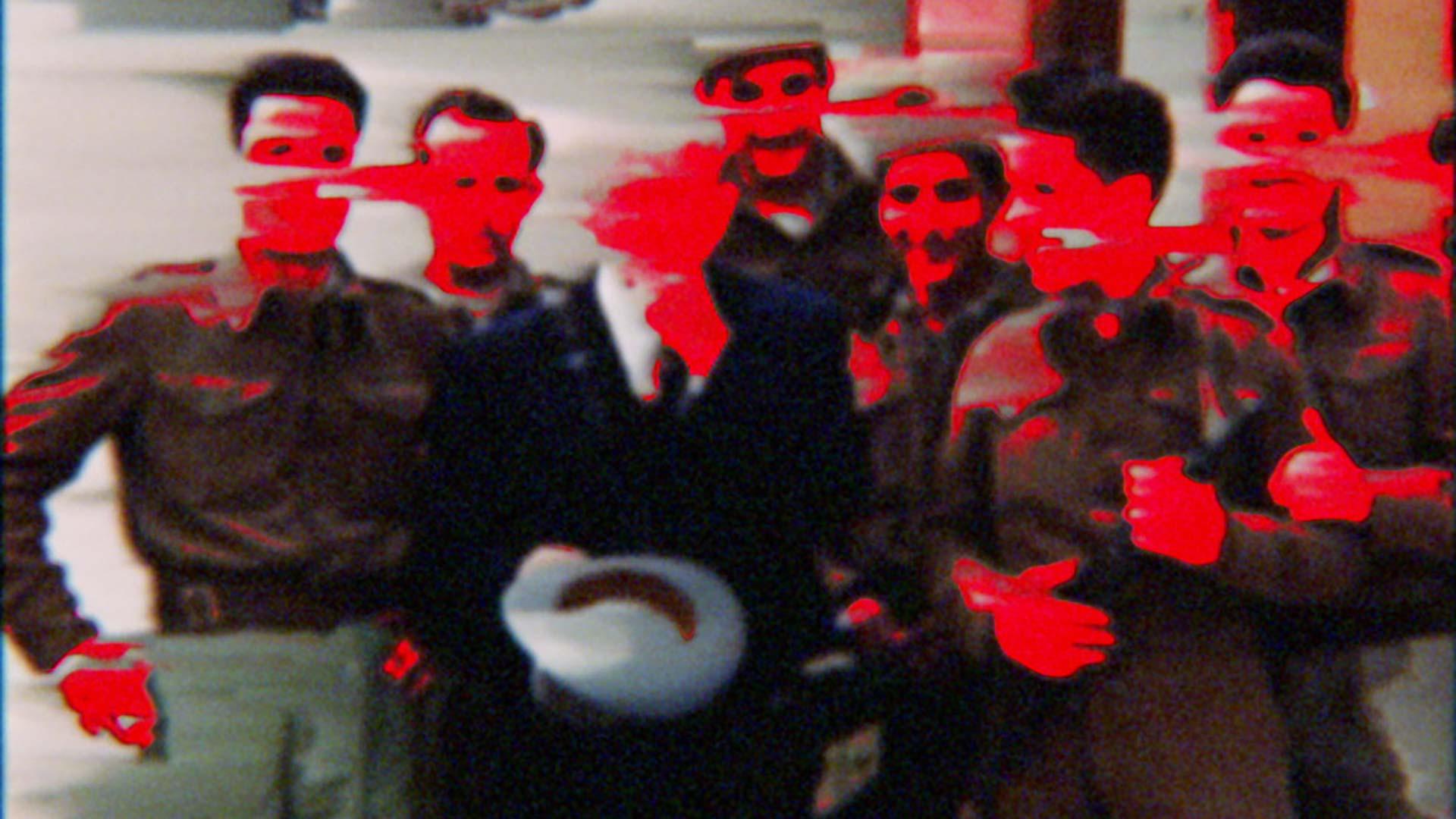 An image of a group of men posing together, arm-in-arm. Their faces and hands are obscured by vibrant red scratches.