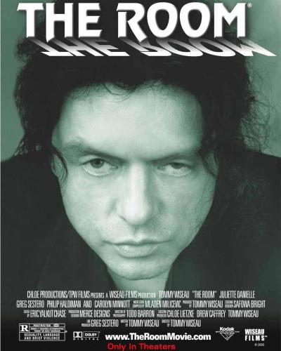 A movie posted for THE ROOM with a close-up black and white photograph of an unsmiling man.