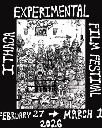A black-and-white illustrated poster for the Ithaca Experimental Film Festival shows a surreal theater audience filled with fantastical creatures, aliens, and humanoid figures. A film projector operated by a creature beams above them.